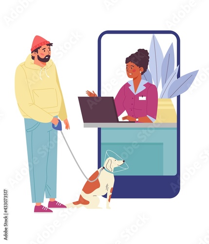 Onboarding mobile page for online veterinary app, flat vector illustration.