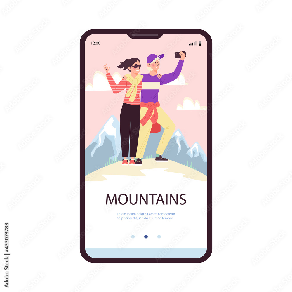 Mountaineering sport activity onboarding page, flat vector illustration. Mountaineering sport activity onboarding page, flat vector illustration.