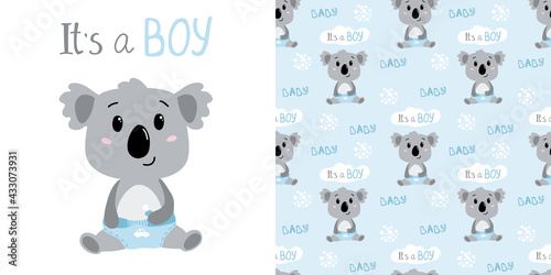 Hand drawn baby boy koala in diapers. Childish seamless pattern with koala character. Vector illustration