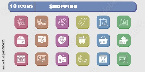 shopping icon set. included online shop, shopping bag, sale, shop, wallet, price tag, shopping cart, discount, shopping-basket icons on white background. linear, filled styles.