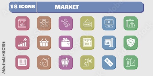 market icon set. included profits, shop, wallet, voucher, discount, shopping-basket, trolley, shopping bag, sale, price tag icons on white background. linear, filled styles.