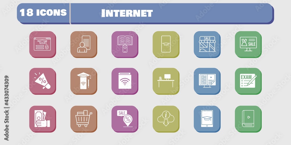 internet icon set. included megaphone, study, audiobook, shop, smartphone, login, exam, student-smartphone, online shop, ebook icons on white background. linear, filled styles. internet icon set. included megaphone, study, audiobook, shop, smartphone, login, exam, student-smartphone, online shop, ebook icons on white background. linear, filled styles.