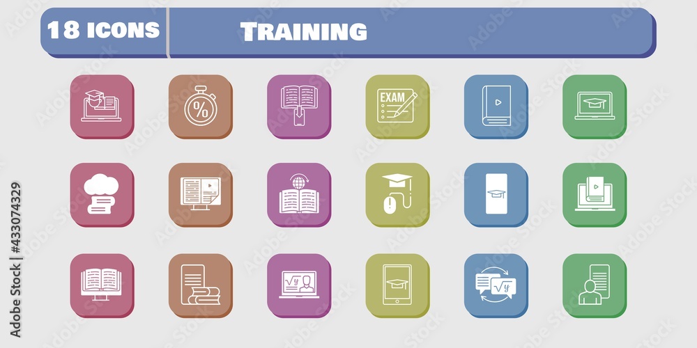 training icon set. included study, learn, homework, training, learning, student-smartphone, exam, cloud library, professor icons on white background. linear, filled styles. training icon set. included study, learn, homework, training, learning, student-smartphone, exam, cloud library, professor icons on white background. linear, filled styles.