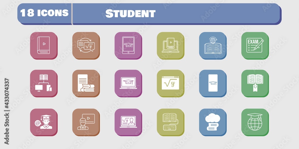 student icon set. included student, homework, learn, maths, learning, student-smartphone, cloud library, exam, professor icons on white background. linear, filled styles. student icon set. included student, homework, learn, maths, learning, student-smartphone, cloud library, exam, professor icons on white background. linear, filled styles.