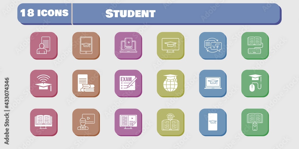 student icon set. included study, learn, homework, learning, student-desktop, student-smartphone, exam, student-laptop, ebook icons on white background. linear, filled styles. student icon set. included study, learn, homework, learning, student-desktop, student-smartphone, exam, student-laptop, ebook icons on white background. linear, filled styles.