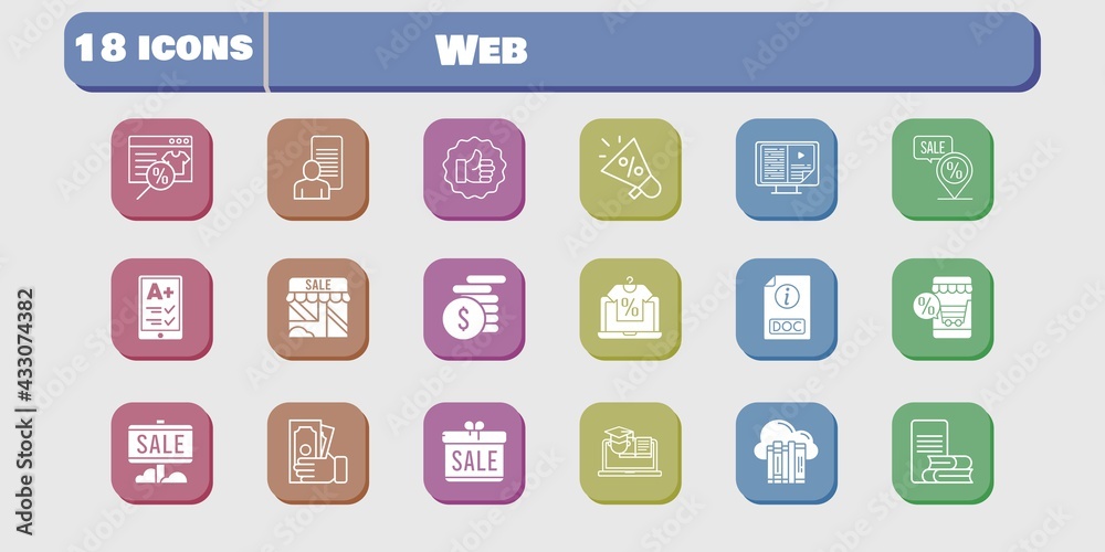 web icon set. included gift, megaphone, study, shop, like, training, cloud, online shop, sale, ereader, ebook, money icons on white background. linear, filled styles. web icon set. included gift, megaphone, study, shop, like, training, cloud, online shop, sale, ereader, ebook, money icons on white background. linear, filled styles.