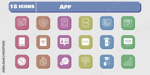 app icon set. included profits, audiobook, chip, smartphone, discount, student-desktop, exam, online shop, tablet, ebook icons on white background. linear, filled styles.