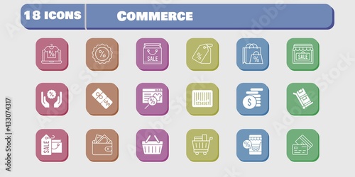 commerce icon set. included shopping bag, online shop, wallet, shop, money, price tag, shopping cart, discount, shopping-basket icons on white background. linear, filled styles.