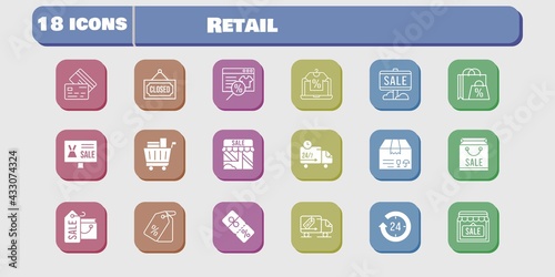 retail icon set. included shopping bag, online shop, 24-hours, sale, package, shop, price tag, shopping cart, discount, closed icons on white background. linear, filled styles.