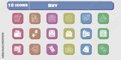 buy icon set. included shop, wallet, discount, click, trolley, shopping bag, online shop, sale, money, price tag, shopping cart icons on white background. linear, filled styles.