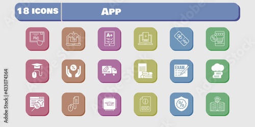 app icon set. included chip, learn, discount, learning, touchscreen, delivery truck, click, exam, cloud library, online shop icons on white background. linear, filled styles.