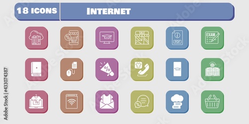 internet icon set. included newsletter, megaphone, audiobook, shop, learning, student-desktop, click, shopping basket, student-smartphone icons on white background. linear, filled styles.