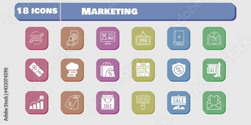 marketing icon set. included profits, newsletter, study, shop, discount, feedback, cloud library, shopping bag, online shop icons on white background. linear, filled styles.