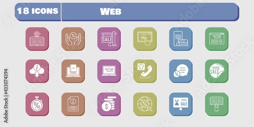 web icon set. included learn, discount, learning, touchscreen, login, online shop, sale, pdf, ebook, student-laptop, money icons on white background. linear, filled styles.