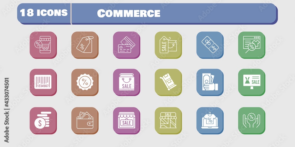 commerce icon set. included online shop, shopping bag, wallet, shop, money, price tag, discount, credit card, barcode, trolley icons on white background. linear, filled styles. commerce icon set. included online shop, shopping bag, wallet, shop, money, price tag, discount, credit card, barcode, trolley icons on white background. linear, filled styles.