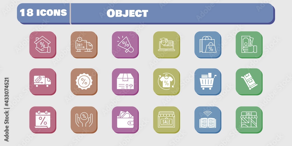object icon set. included calendar, megaphone, wallet, shop, package, book, discount, training, delivery truck, trolley icons on white background. linear, filled styles. object icon set. included calendar, megaphone, wallet, shop, package, book, discount, training, delivery truck, trolley icons on white background. linear, filled styles.