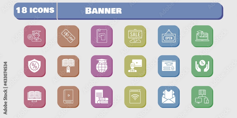 banner icon set. included newsletter, audiobook, discount, training, login, sale, ebook, teacher, student, online-learning, school icons on white background. linear, filled styles.