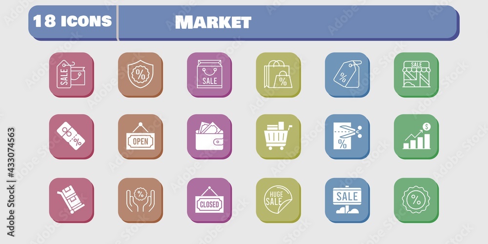 market icon set. included profits, shop, wallet, voucher, discount, trolley, shopping bag, sale, price tag, shopping cart, closed icons on white background. linear, filled styles. market icon set. included profits, shop, wallet, voucher, discount, trolley, shopping bag, sale, price tag, shopping cart, closed icons on white background. linear, filled styles.