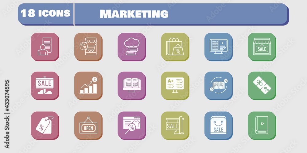 marketing icon set. included profits, study, shop, test, discount, feedback, cloud library, online shop, shopping bag, sale icons on white background. linear, filled styles. marketing icon set. included profits, study, shop, test, discount, feedback, cloud library, online shop, shopping bag, sale icons on white background. linear, filled styles.