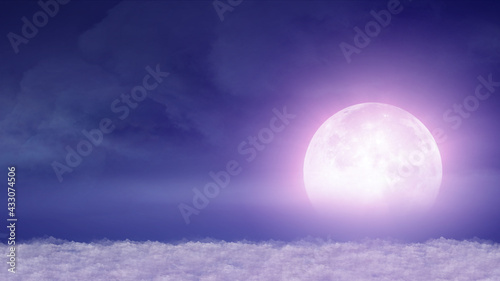 Beautiful realistic flight over cumulus lush clouds in the night moonlight