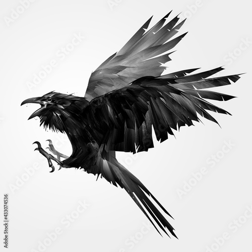 painted monochrome bird raven in flight with open beak
