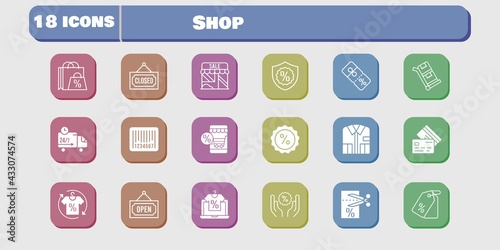 shop icon set. included shop, voucher, discount, delivery truck, trolley, online shop, shopping bag, shirt, price tag, closed icons on white background. linear, filled styles.