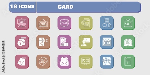 card icon set. included gift, newsletter, chip, shop, voucher, online shop, sale, teacher, money, school, price tag, enter icons on white background. linear, filled styles.