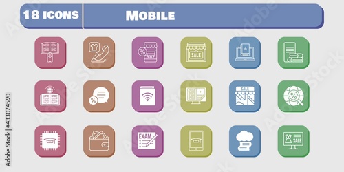 mobile icon set. included chip, audiobook, shop, wallet, learn, learning, exam, cloud library, online shop, ebook, online-learning icons on white background. linear, filled styles.