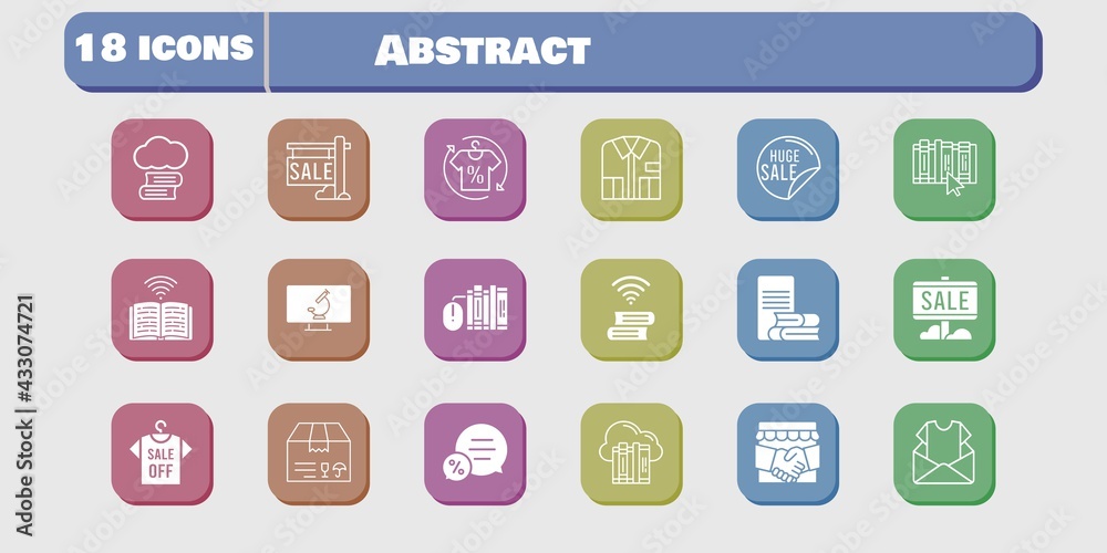 abstract icon set. included cloud, cloud library, handshake, newsletter, sale, shirt, package, books, online-learning, chat icons on white background. linear, filled styles. abstract icon set. included cloud, cloud library, handshake, newsletter, sale, shirt, package, books, online-learning, chat icons on white background. linear, filled styles.