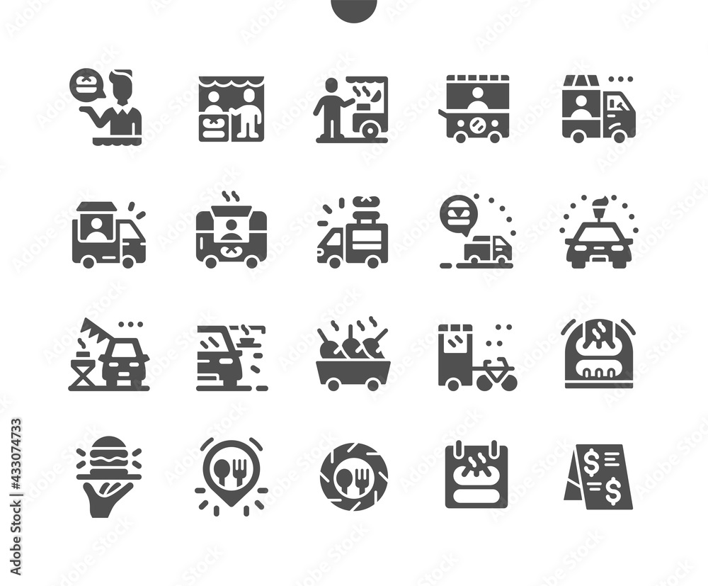 Food truck. Fast food location. Street food. Ice cream truck, hot dog truck, burger truck and other. Transport, restaurant, cafe. Vector Solid Icons. Simple Pictogram