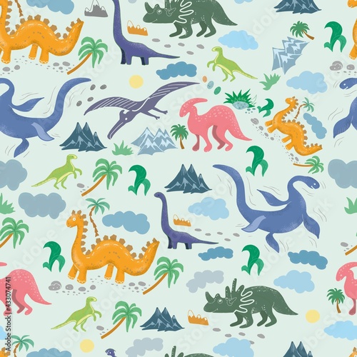 Dinosaurs set of children s pictures illustration hand drawn print cute animals ancient world. Doodle sketch color images pterodaktel diplodocus palms mountains stones seamless pattern