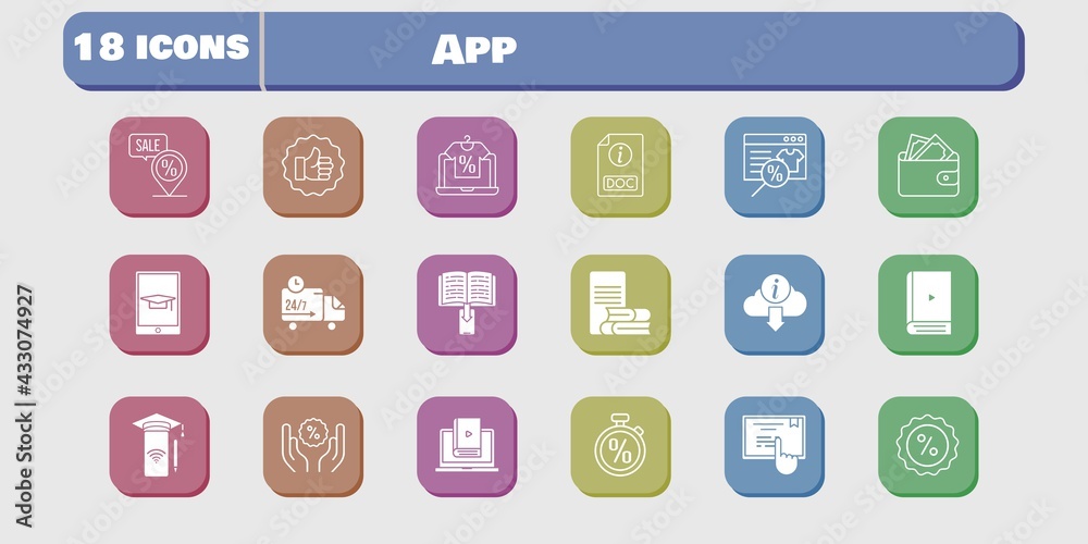 app icon set. included smartphone, wallet, learn, like, discount, touchscreen, delivery truck, online shop, ebook, online-learning icons on white background. linear, filled styles. app icon set. included smartphone, wallet, learn, like, discount, touchscreen, delivery truck, online shop, ebook, online-learning icons on white background. linear, filled styles.