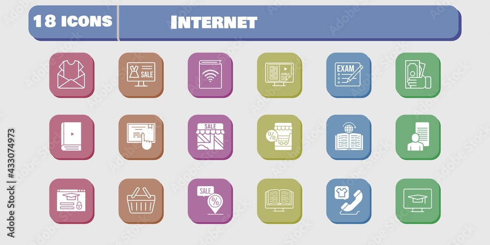 internet icon set. included newsletter, study, audiobook, shop, learning, touchscreen, login, student-desktop, shopping basket icons on white background. linear, filled styles. internet icon set. included newsletter, study, audiobook, shop, learning, touchscreen, login, student-desktop, shopping basket icons on white background. linear, filled styles.