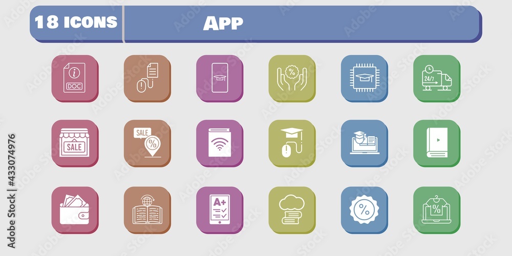app icon set. included chip, audiobook, wallet, shop, discount, training, learning, delivery truck, click, cloud library, student-smartphone icons on white background. linear, filled styles. app icon set. included chip, audiobook, wallet, shop, discount, training, learning, delivery truck, click, cloud library, student-smartphone icons on white background. linear, filled styles.