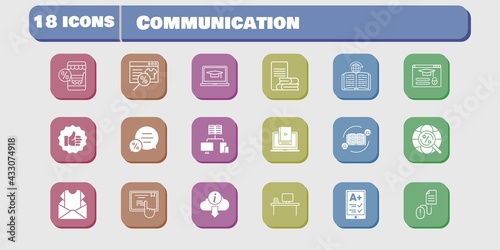 communication icon set. included newsletter, like, learn, touchscreen, learning, login, click, feedback, online shop, ereader icons on white background. linear, filled styles.