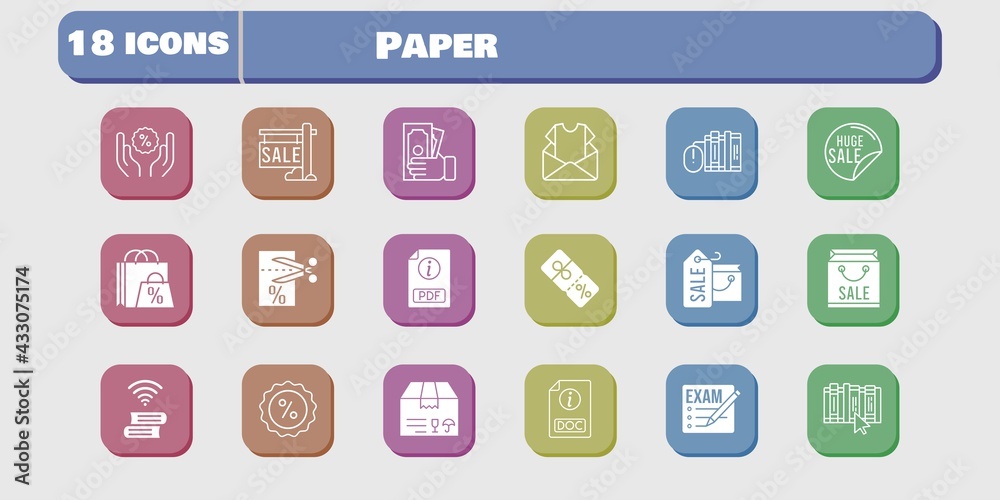 paper icon set. included exam, shopping bag, newsletter, sale, package, books, pdf, money, voucher, book, discount, doc icons on white background. linear, filled styles. paper icon set. included exam, shopping bag, newsletter, sale, package, books, pdf, money, voucher, book, discount, doc icons on white background. linear, filled styles.