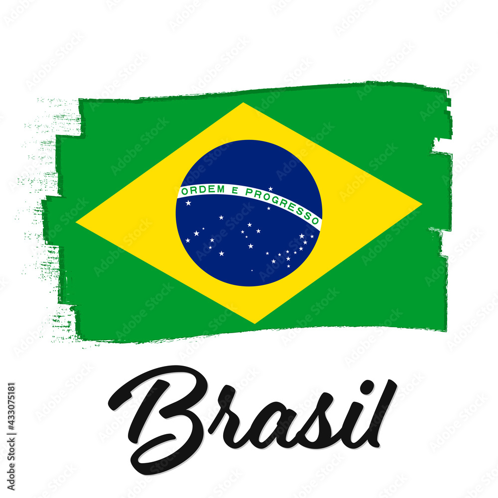 Obraz premium Brasil, flag of Brazil, banner with grunge brush. Independence Day. Background with national country symbol. Vector illustration.