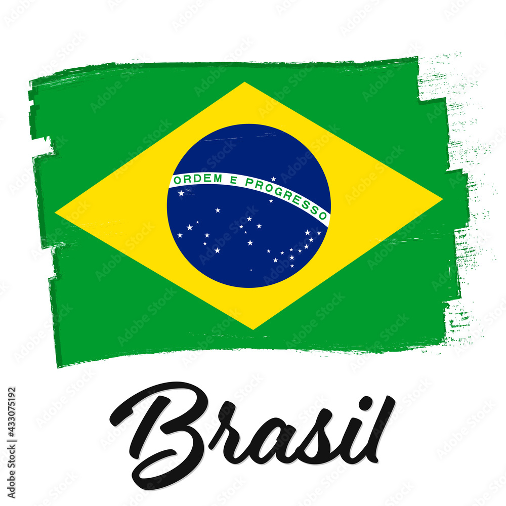 Obraz premium Brasil, flag of Brazil, banner with grunge brush. Independence Day. Background with national country symbol. Vector illustration.