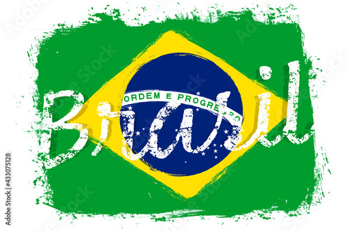 Brasil, flag of Brazil, banner with grunge brush. Independence Day. Background with national country symbol. Vector illustration.