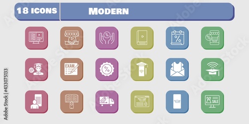 modern icon set. included calendar, newsletter, handshake, study, smartphone, student, discount, delivery truck, login icons on white background. linear, filled styles.