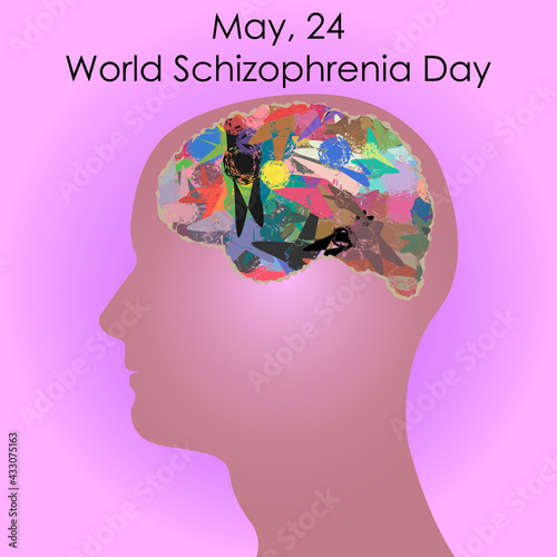 Human brain generated with colorful mosaic tiles as chaotic disorder. World Schizophrenia Day concept. Vector illustration.
