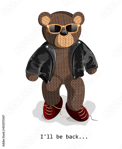 Vector image of a soft toy bear, depicted alive with a hint of humanity, standing in a leather jacket and sunglasses. Concept. EPS 10