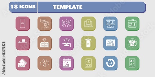 template icon set. included calendar, gift, smartphone, learn, book, discount, login, student-smartphone, 24-hours, ereader icons on white background. linear, filled styles.