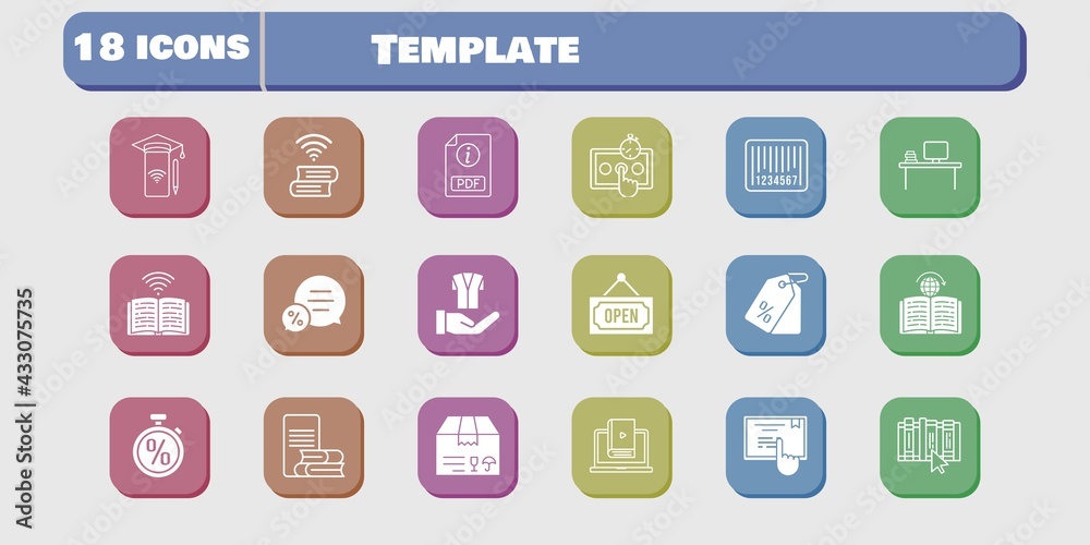 template icon set. included package, smartphone, test, learn, book, jacket, learning, touchscreen, pdf, desktop, online-learning icons on white background. linear, filled styles.