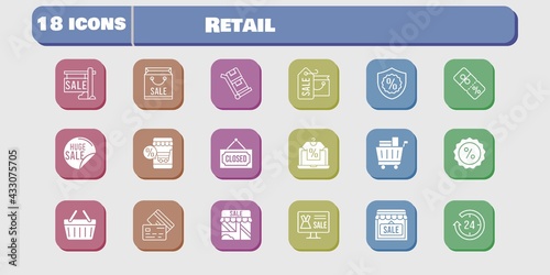 retail icon set. included online shop, shopping bag, 24-hours, sale, shop, shopping cart, discount, warranty, closed, shopping-basket icons on white background. linear, filled styles.