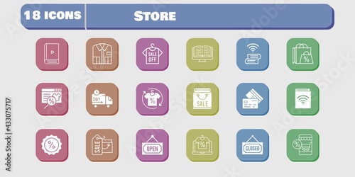 store icon set. included shopping bag, online shop, audiobook, ebook, shirt, book, discount, closed, credit card, delivery truck icons on white background. linear, filled styles.