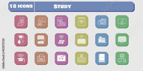 study icon set. included study, audiobook, learn, homework, maths, book, training, learning, microscope, ebook, cap icons on white background. linear, filled styles.