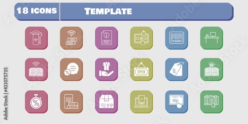 template icon set. included package, smartphone, test, learn, book, jacket, learning, touchscreen, pdf, desktop, online-learning icons on white background. linear, filled styles.