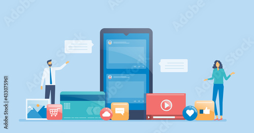 flat vector design social media marketing strategy concept with developer team working concept photo