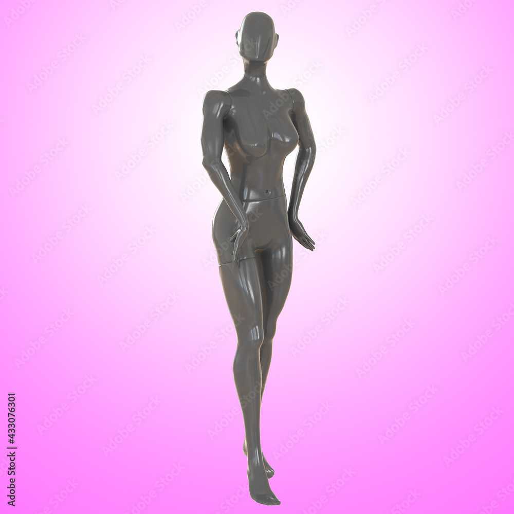 A gray female faceless mannequin stands with twisted hands near her hips against a pink backlit background. 3d rendering